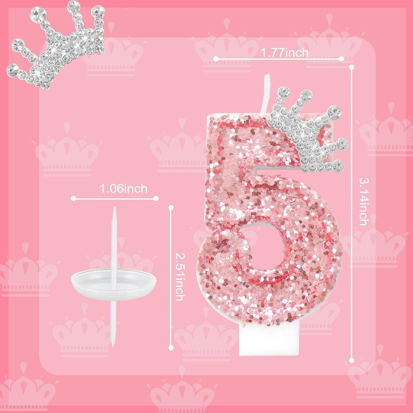 Ceya Number 5 Birthday Candles,Pink Crown Candle for Cake, Sparkling Number Glitter Candle 3.14inch Cake Topper,5st Birthday Decorations for Girl Women Reunions Anniversary Party Supplies