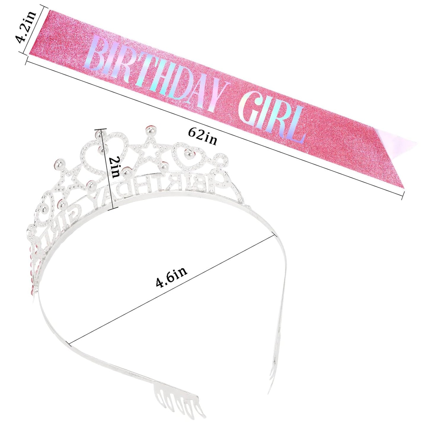 Birthday Girl Tiara and Sash Set - Pink Rhinestone Crown & Glitter Iridescent Sash for Birthday Party, Princess Celebration, Gift for Girls and Women