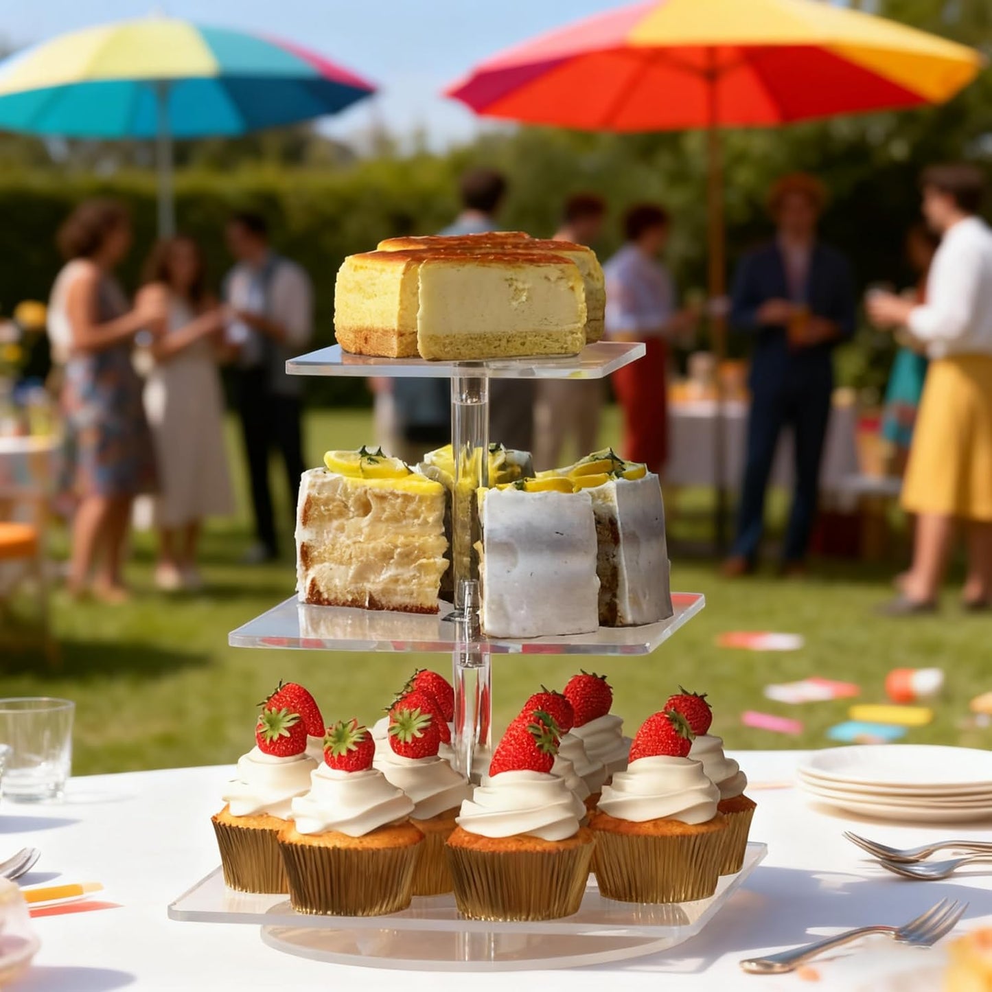 3-Tier Rotating Cupcake Stand, Clear Acrylic 360° Spinning Dessert Display Tower for Cakes & Pastries, Serving Stand for Weddings, Birthdays, Parties - Square