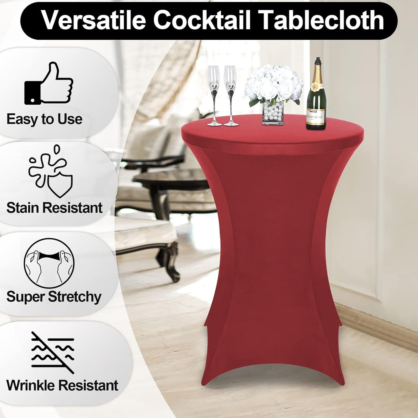 FestiCorp Spandex Table Cover, Cocktail Fitted Tablecloths, Round Highboy Stretch Table Covers Cloths for Party, Bar, Wedding, Birthday, Banquet, Red, 30"-32" Diameter x 40"-43" Height