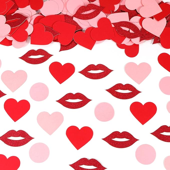200 Pcs Dark Red Lips and Pink Hearts Confetti Mix - Valentine's Day Confetti for Parties, Romantic Wedding Decor, Table Scatter, Anniversary & Proposal Decorations