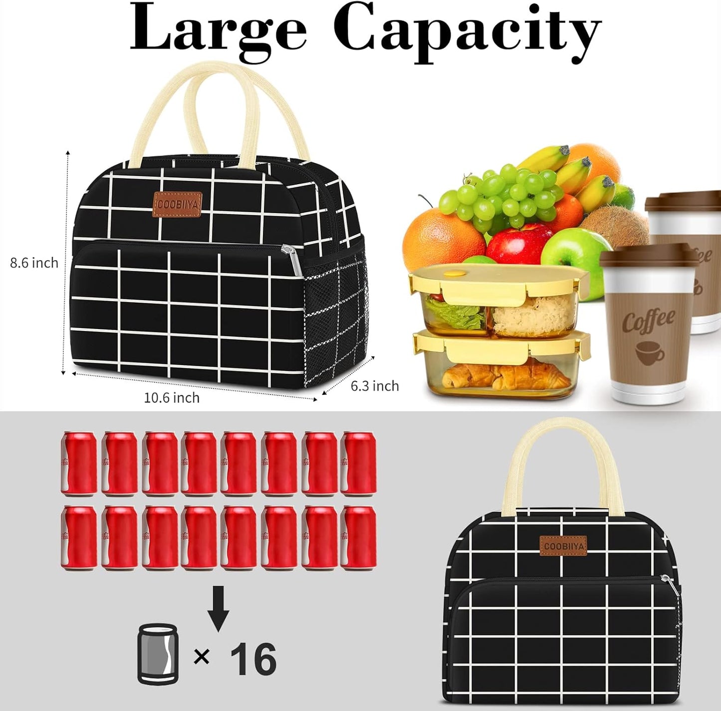 Coobiiya Lunch Bag Women, Lunch Box for Women Adult Men, Small Leakproof Cute Lunch Tote Large Capacity Reusable Insulated Cooler Lunch Container for Work/Office/Picnic/Travel-Black Plaid