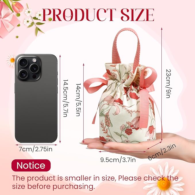 Liobelon 8 Pieces Floral Mini Gift Bags with Handles 14x9.5x6cm/5.5x3.7x2.3inch Canvas Small Candy Bag Tea Party Favor Bags for Party, Wedding, Bridal Shower, Valentine's Day, Mother's Day