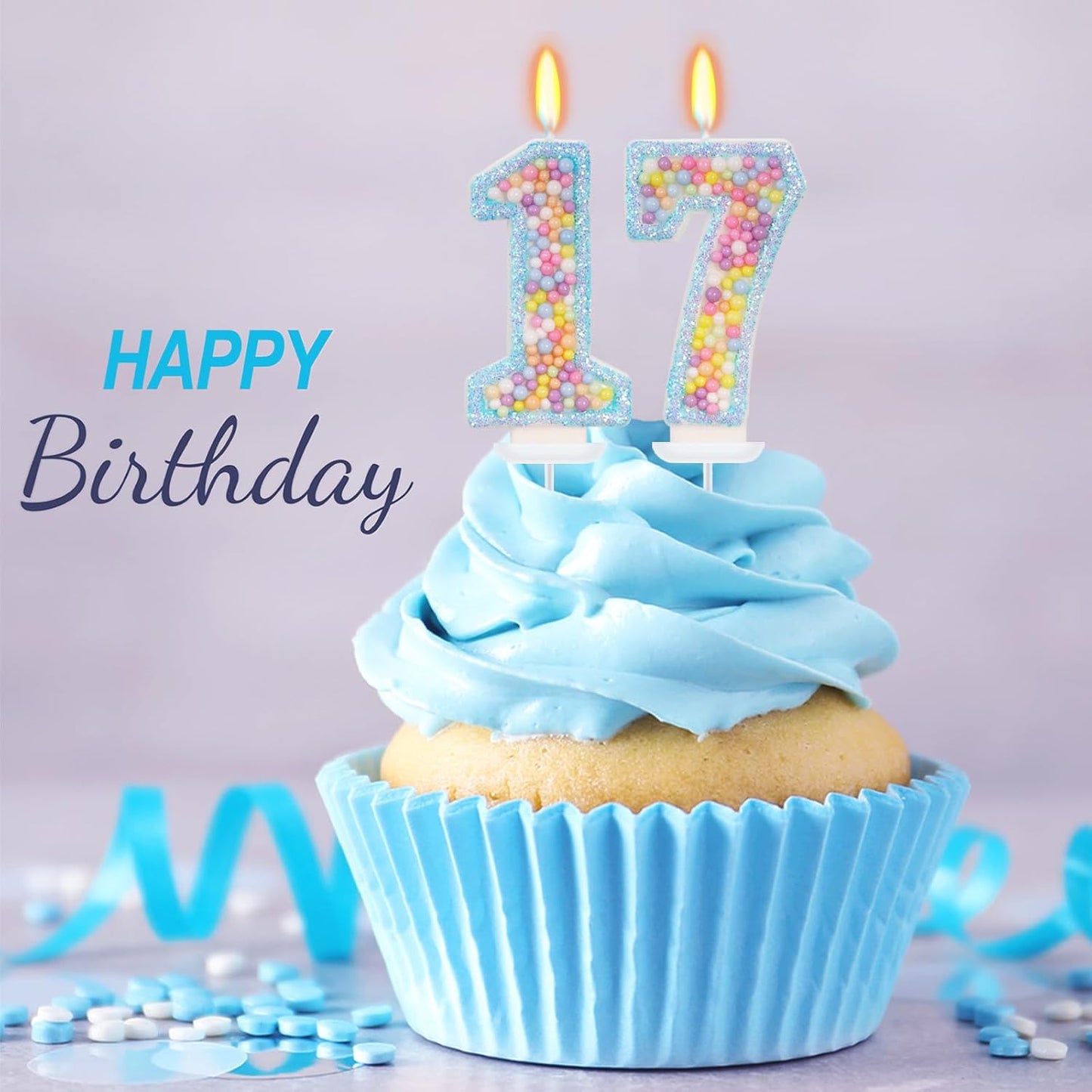 Blue Birthday Candles - Number 17 Candle, Colorful Macaron Candles, 17 Birthday Decorations for Girls Boys, Cake Decorations, Theme Party Supplies (Blue)