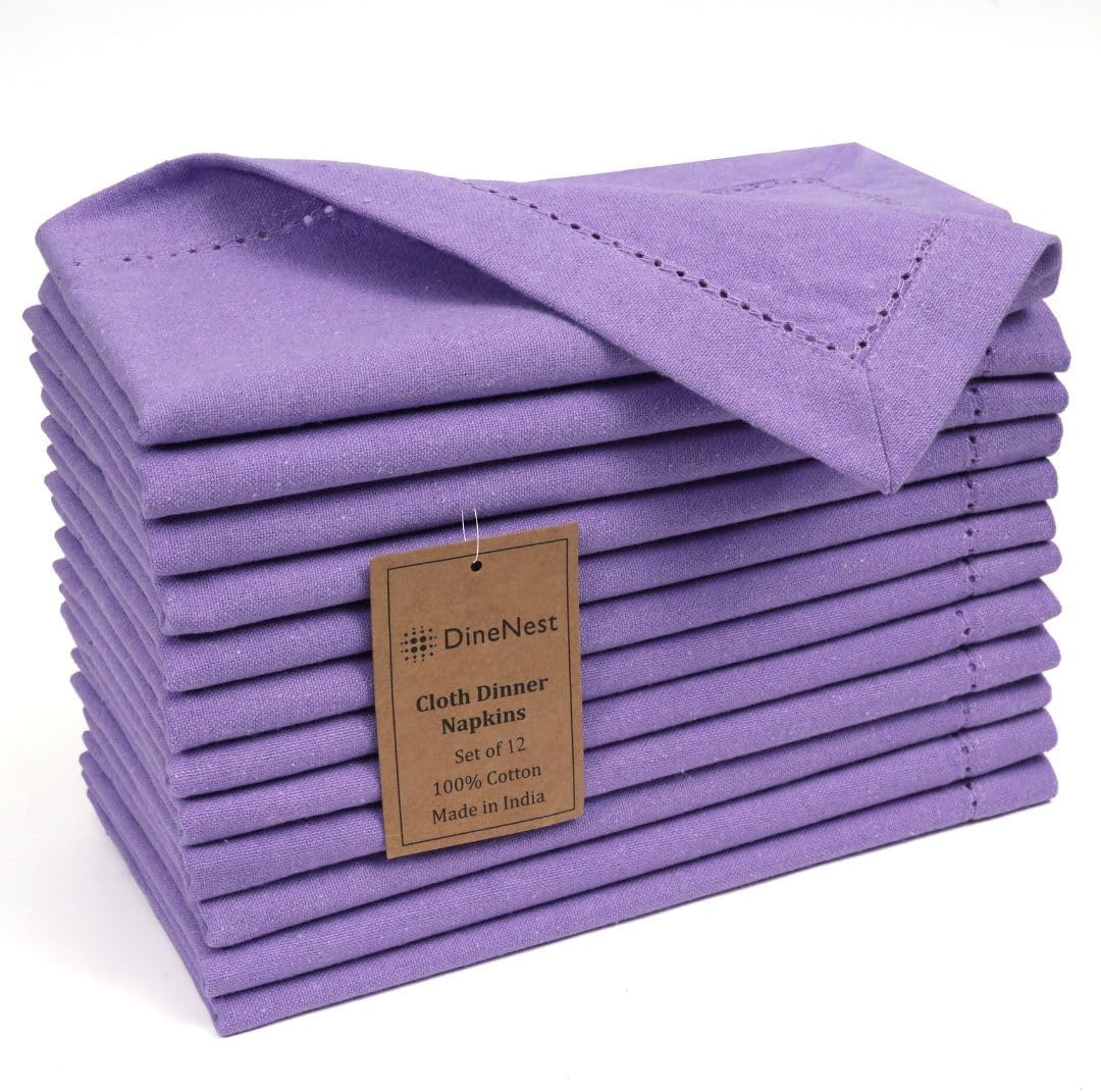 Hemstitch Dinner Napkins 100% Cotton Set of 12 - for Dining Weddings Parties Holidays Easter Everyday Use - Soft Durable Washable Table Napkins - 18x18 Inch Cloth Napkins Lavender/Purple