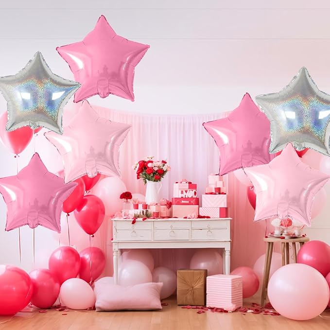 Pink and Silver Star Foil Balloons, 10PCS Pink Laser Silver Foil Stars Shape Balloon, 18 Inch Metallic Glitter Stars Balloons Helium for Girls Women Birthday, Princess, Anniversary Party Decoration