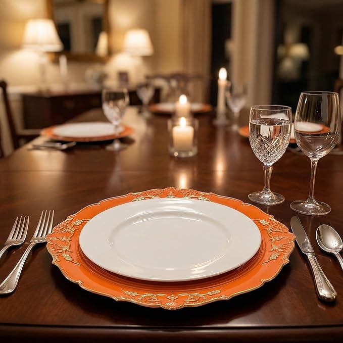 Orange Charger Plates, 13 Inch Embossed Chargers for Dinner Plates. Plastic Charger for Wedding, Party. (Set of 6)