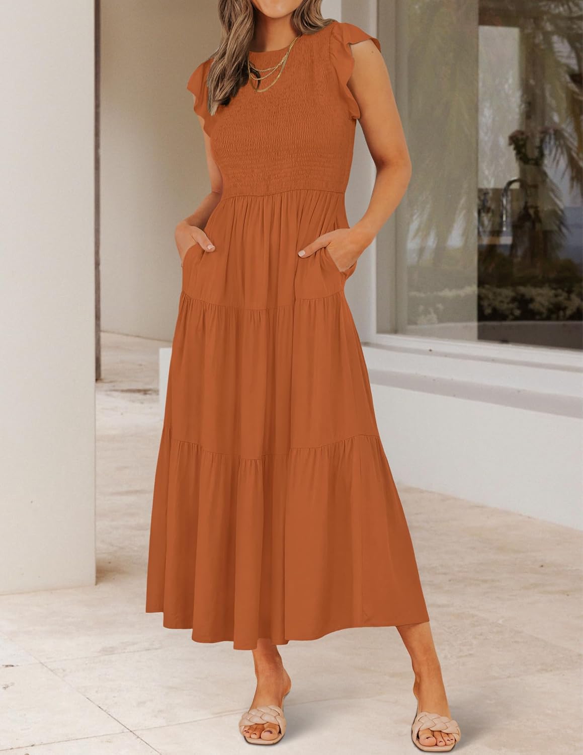 ZESICA Women's 2025 Summer Casual Flutter Short Sleeve Crew Neck Smocked Elastic Waist Tiered Midi Dress