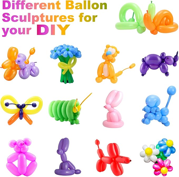 100 Pcs 260Q Balloons Kit with Pump - Kids Premium Latex Twisting Long Balloons to Make Animals Flowers, Fun Rainbow Balloons for Party Boys Girls Christmas Birthday Gifts Clowns Wedding Decor