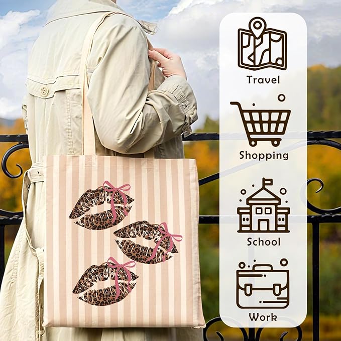 Coquette Pink Bow Leopard Lip Tote Bag for Women,Trendy Cheetah Print Canvas Tote Bag for Girls,Girly Leopard Lip Print Aesthetic Reusable Shopping Grocery Bags Party Favors