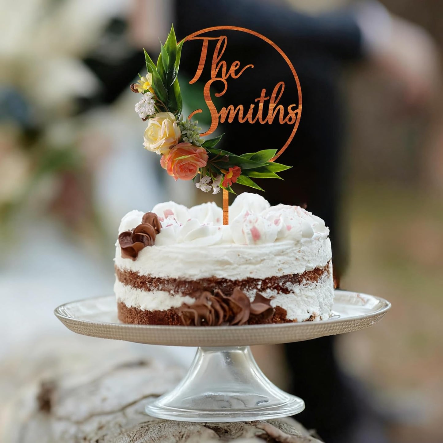 3D Flowers Wedding Cake Topper Custom Last Name Wedding Cake Decoration in Wood with 3D Artificial Roses (Maple)