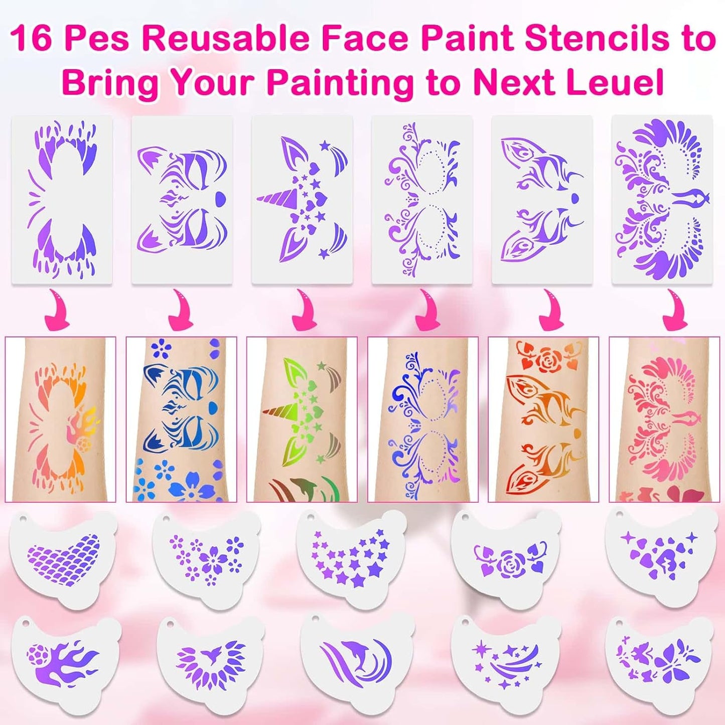 Professional Face Painting Kit for Kids and Adults – 54 Color Water Activated Cosplay Makeup Kit, Non-Toxic Body Paint with Stencils, Gems, Brushes– for Halloween FX, Bday Parties, School Event
