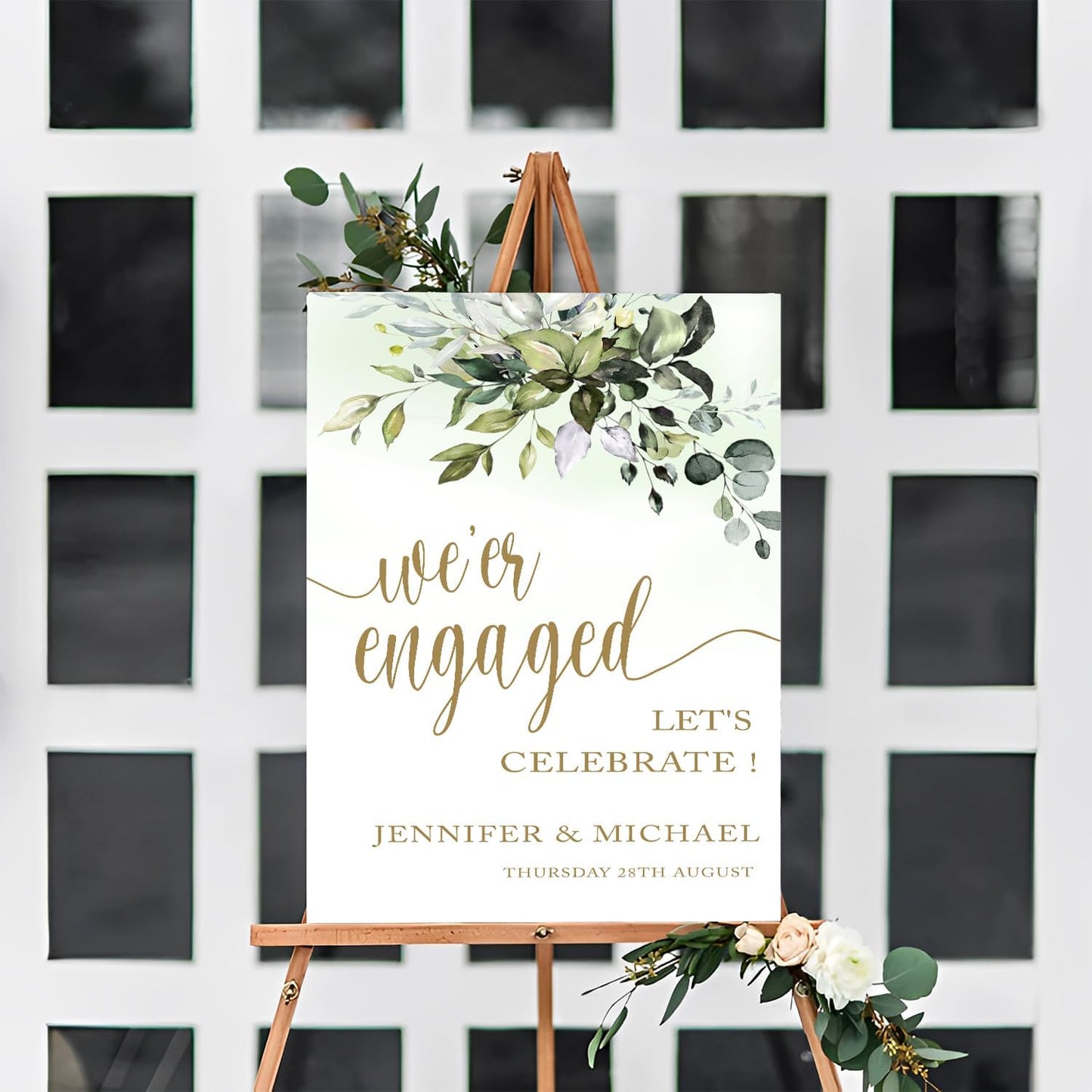 Greenery Gold Engagement Party Sign - Welcome Template, Rustic Decor