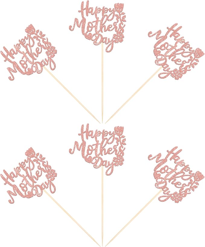 12 PCS Happy Mother's Day Centerpiece Sticks Double Sided Glitter Rose Love Best Mom Centerpieces for Happy Mother's Day Theme Table Flower Decorations Women Birthday Party Supplies Rose Gold