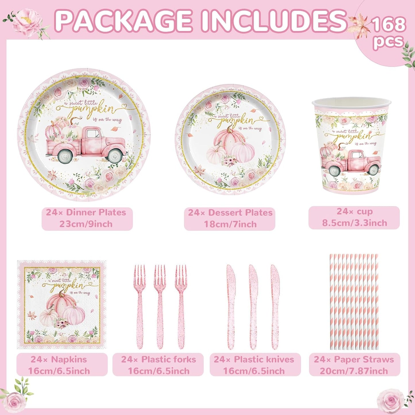 168PCS Pink Pumpkin Baby Shower Party Supllies for Girls Sweet Fall Floral Birthday Party Decorations Thanksgiving Tableware Plates Cups Napkins Cups Forks Knives and Straws Dinnerware for 24 Guests