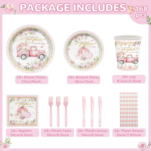 168PCS Pink Pumpkin Baby Shower Party Supllies for Girls Sweet Fall Floral Birthday Party Decorations Thanksgiving Tableware Plates Cups Napkins Cups Forks Knives and Straws Dinnerware for 24 Guests