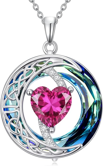 Valentines Day Gifts for Women, Birthstone Necklace for Women, Celtic Moon Pendant Blue Crystal Necklace Heart Jewelry Anniversary Jewelry Gift for Daughter Wife Mother Sister
