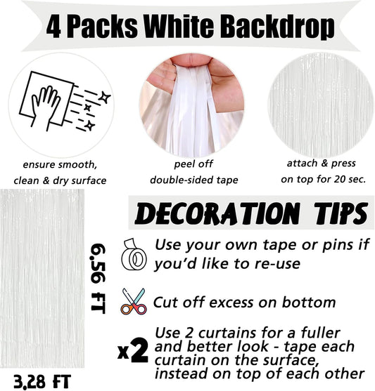 4 Pack White Fringe Curtain Backdrop, 3.2Ft x 6.6Ft Metallic Tinsel Foil Fringe Streamers Background for Photo Booth Birthday Wedding Baby Shower Carnival Easter Mother’s Day Party Decorations