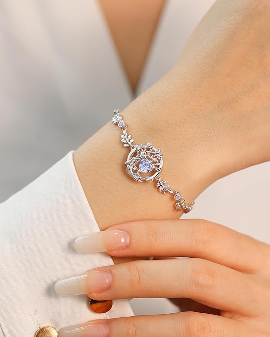 FANCIME Valentines Day Gift Tree of life Birthstone Bracelet for Women Sterling Silver Tree Jewelry Birthstone Charm Bracelet Gemstone Anniversary Birthday Gifts for Wife Mom Her