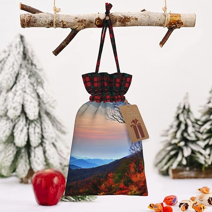 PULaif Blue Ridge Mountains Christmas Drawstring Gift Bags, Large Size Christmas Bags For Gifts Party Favors, Xmas Gift Bags