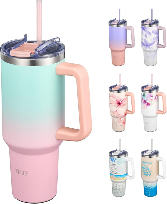 THILY 40 oz Stainless Steel Tumbler with Handle - Vacuum Insulated Travel Cup, Splash-Proof & Leakproof Lid, 2 Straws & Brush | Keeps Cold 34H/Hot 12H, Cupholder Friendly, Candy Pink