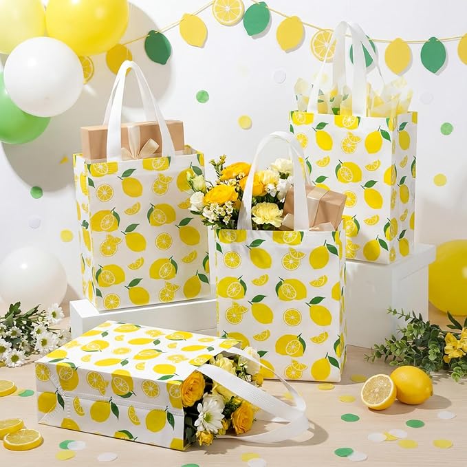 Supervitae 24 Pack Yellow Lemon Gift Bags Medium Goodie Summer Fruit Party Favor Bags Reusable Non Woven Totes for Lemon Birthday Wedding Baby Shower Party Family Holiday Travel(9.8" x 7.9" x 3.9")