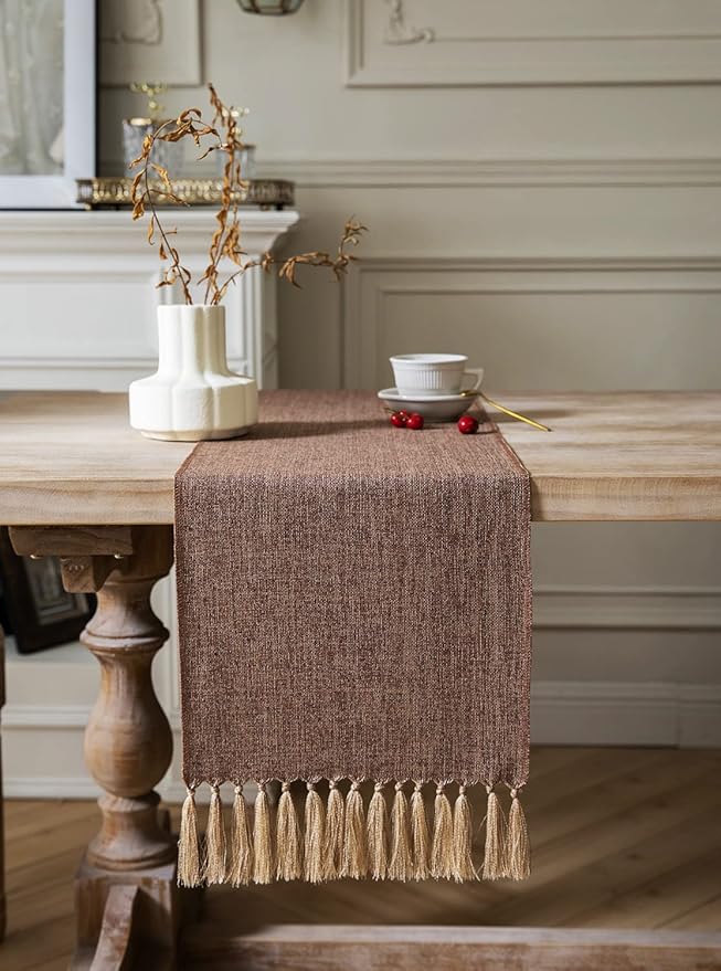ZeeMart Brown Table Runners 36 Inches Long, Burlap Linen Style Rustic Farmhouse Table Runner, Small Short Boho Coffee Table Runner, 13x36 Inches, Brown