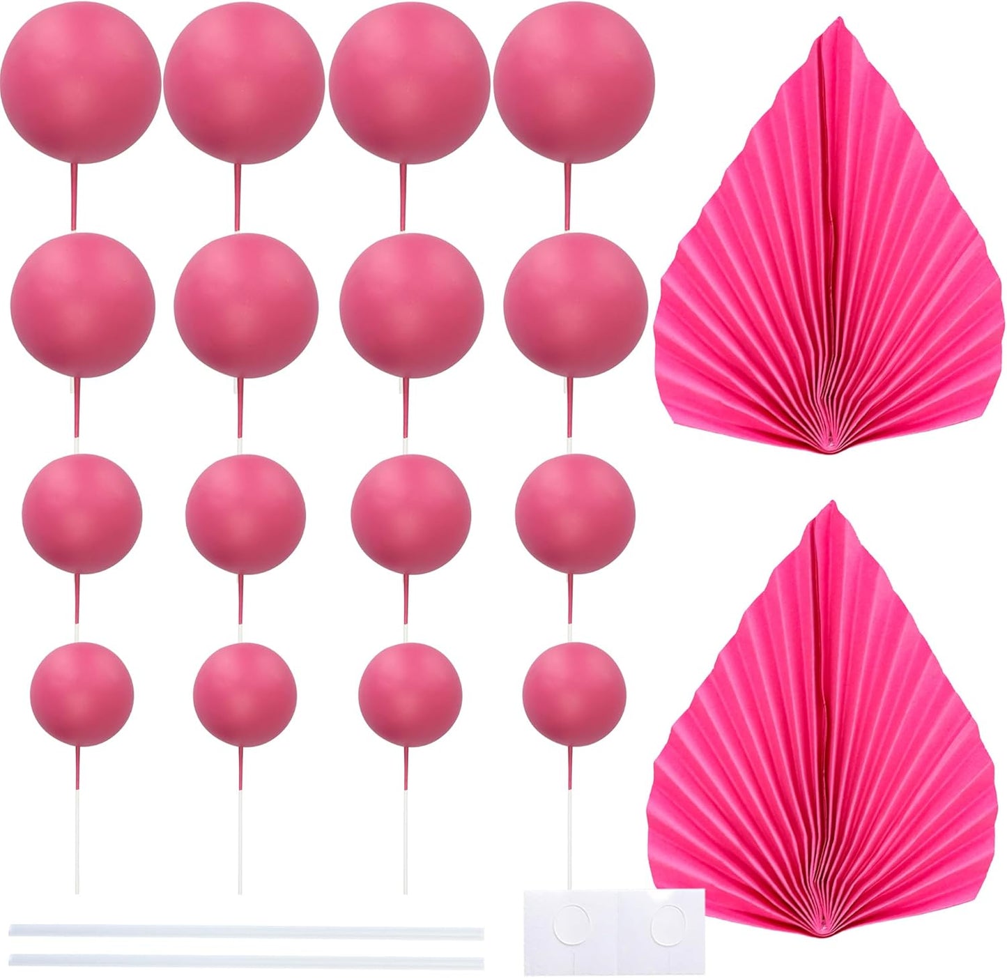 Ephlyn 28Pcs Paper Palm Fan Cake Topper Balls Cake Pick Wedding Bridal Shower DIY Cake Decorations for Baby Shower Wedding Birthday Anniversary Party Supplies Rose Red
