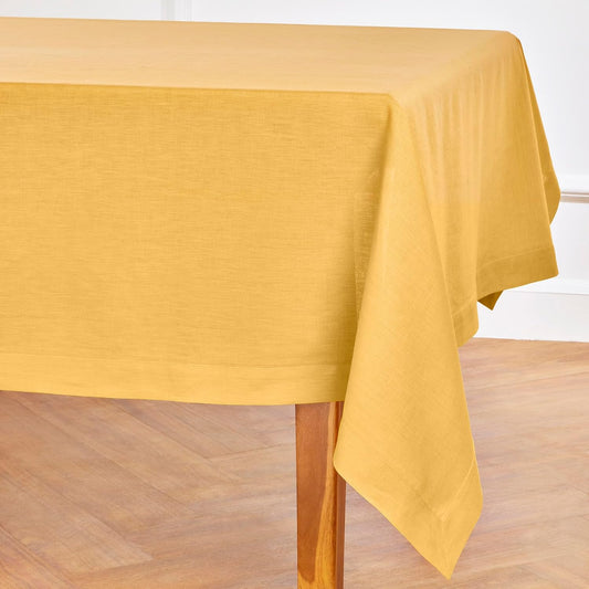 Solino Home Linen Tablecloth for Rectangle Tables 60 x 132 Inch - 100% Pure Linen Mustard Yellow Table Cloth - Fete, Machine Washable Cloth Tablecloth