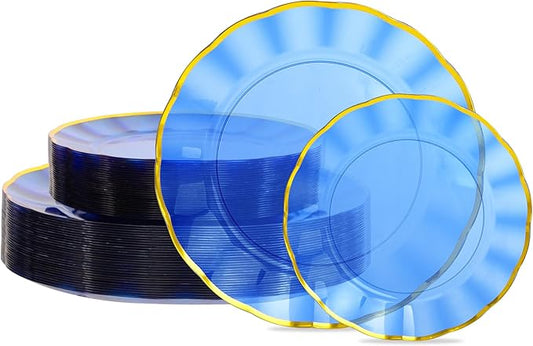 supernal 60pcs Blue Plastic Plates,Fancy Scalloped Plates Disposable Heavy Duty, Decorative Plate Wedding Disposable Dinnerware Include 30 Dessert & Dinner Plastic Plate for Party and Birthday