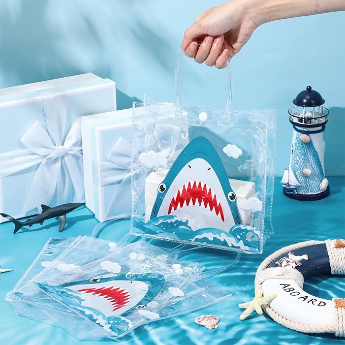 Aliceset 20 Pcs Shark Party Clear Favor Bags with Handles Sea Party Goodie Bags for Shark Themed Baby Shower Birthday Ocean Animals Themed Candy Snack Treat Wrapping Summer Pool Supplies, 8x8x3.15inch
