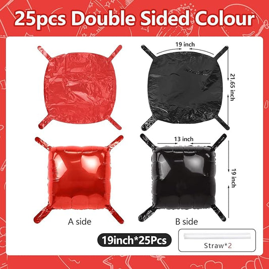 NISOCY 25PCS Red Black Square Foil Balloons Wall Backdrop Double Sided Red Black Balloons Arch Kit for Birthday Valentine's Day Halloween Graduation Wedding Anniversary Party Decorations
