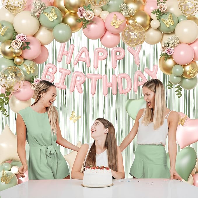 Pink and Green Birthday Decorations for Women Girls, Sage Green Pink Sand White Gold Foil Confetti Balloons Happy birthday Banner Gold Butterfly Fringe Curtains Birthday Decorations