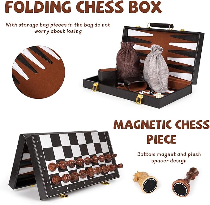 3 in 1 Magnetic Chess Set & Checkers Backgammon Board Game Set, 15" Wooden Folding Chess Board, Tournament Portable Travel Chess Set, Beginner Chess Board Game for Adults & Kids