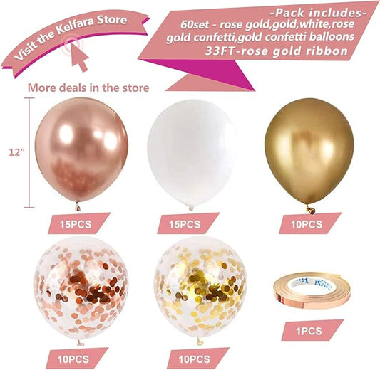 Rose Gold Confetti Latex Balloons, 60 pcs 12 inch White Metallic Gold Party Balloon with 33 Ft Rose Gold Ribbon for Birthday Wedding Anniversary Bridal Shower Decoration