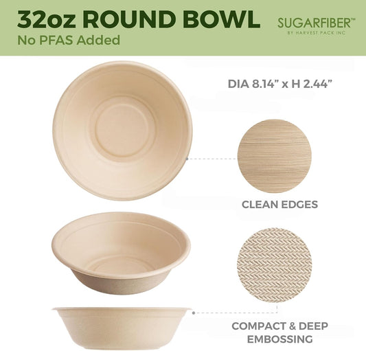 [50 COUNT]Harvest Pack PFAS FREE 32oz Round Paper Bowls, Compostable Heavy-Duty Eco-Friendly Disposable Bagasse Large Soup Bowls, sugarcane made for Meal Prep Takeout Dinnerware, Microwave Safe