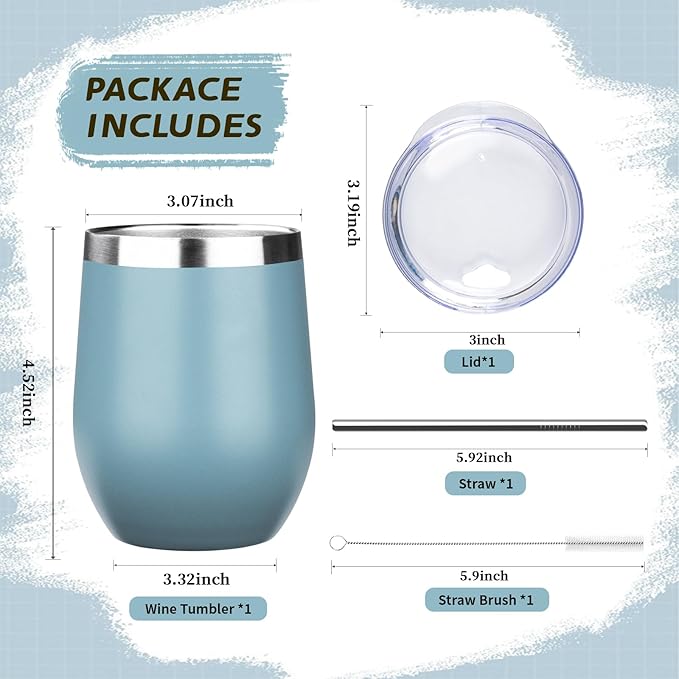 12oz Stemless Wine Tumbler with Lid Double Wall Insulated Wine Cup Stainless Steel Glasses Tumbler with Straw Insulated cocktail Tumbler Coffee Mug for Hot and Cold Beverages (Multicolor-1,4Pack)