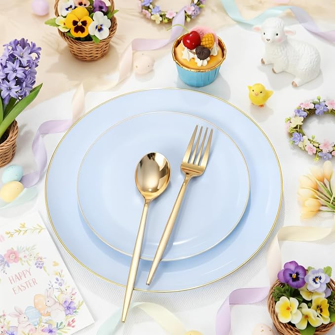 PULOTE 100PCS Blue Plastic Plates - Disposable Light Blue Include 50 Dinner & 50 Dessert/Salad Plates for Party, Wedding & Easter