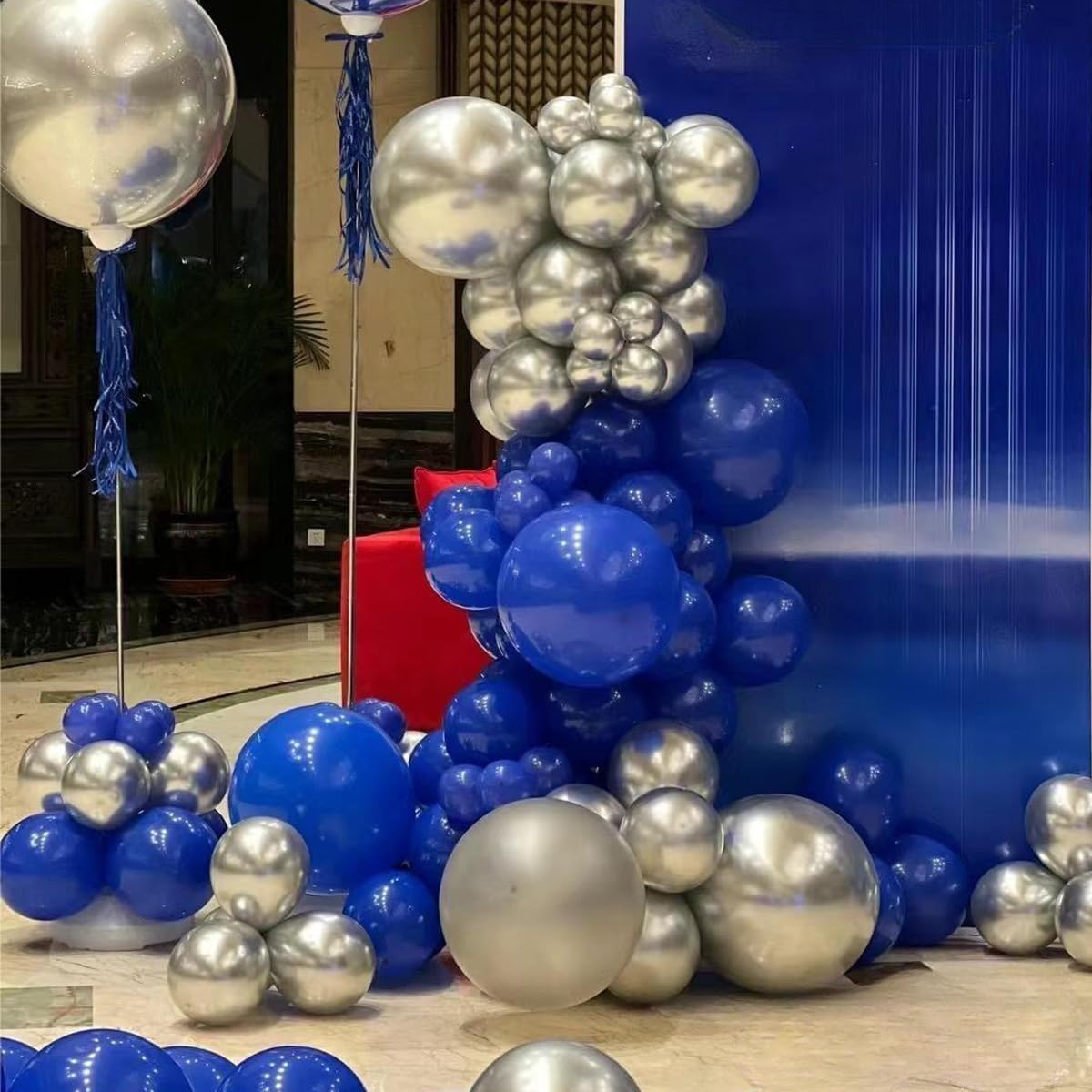 Blue Silver Black Balloons Garland Arch Kit, 146 Pcs Royal Light Blue Metallic Confetti Silver Balloons for Baby Shower Graduation Anniversary Retirement Birthday Party Decoration