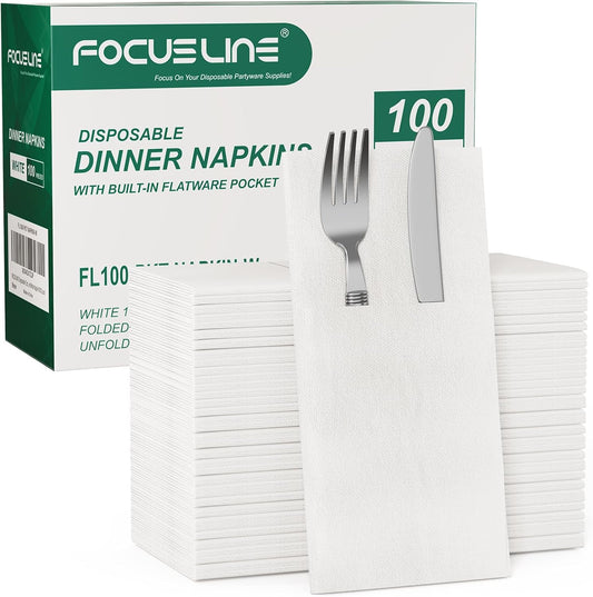 FOCUSLINE 100 Count Disposable Cloth-Like Napkins, Built-in Flatware Pocket, Prefolded Linen Feel White Napkins