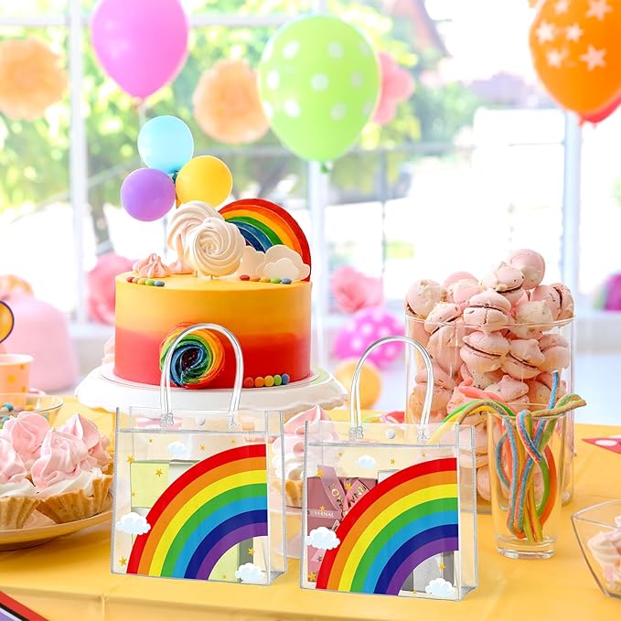 Aliceset 20 Pcs Clear Plastic Goodie Bags Party Treat Bags with Handles Rainbow Themed Favor Wrapping for Birthday Snack Candy Holiday Decoration Baby Shower Supplies, 8 x 8 x 3.15 Inch