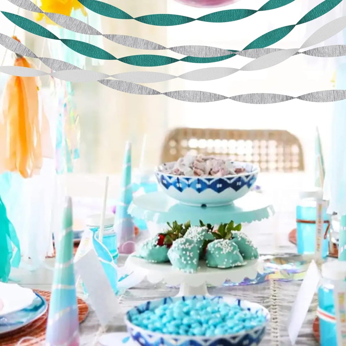 Teal-Turquoise White Silver Party-Decorations Streamers - 9 Rolls Woman Girl Birthday Crepe Tissue Paper Streamer Graduation Wedding Bachelorette Engagement Bridal Baby Shower Garland Decor Panduola