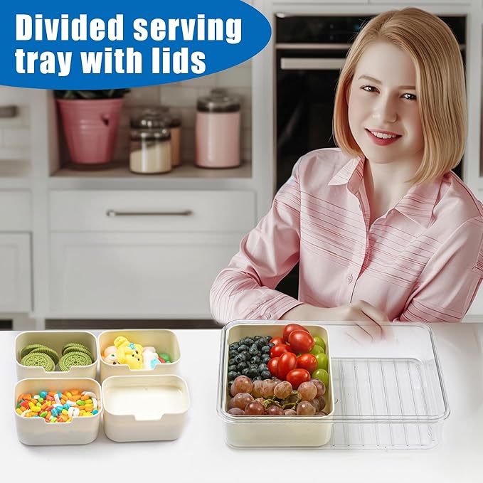 Bandesun Divided Serving Tray with Lid and Handle - Snackle Box Charcuterie Container for Portable Snack Platters - Perfect for Party, Entertaining - Clear Organizer for Candy, Fruits, Nuts, Snacks