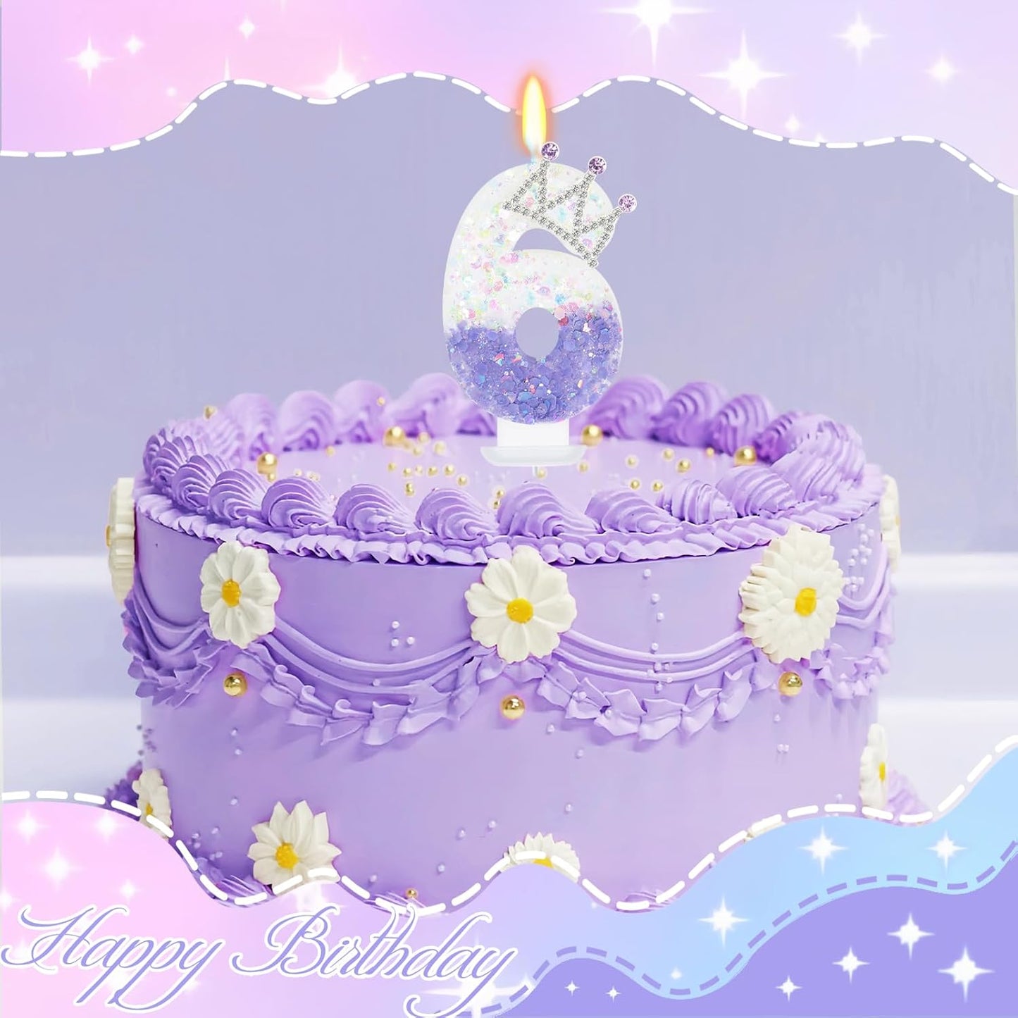 Purple White Number 6 Candle, Glitter Crown Cake Topper, Princess Birthday Party Decorations for Girls and Women Anniversary Celebrations Party Favors