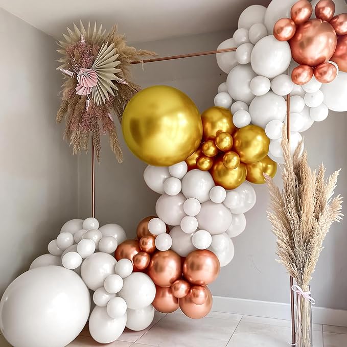 Rose Gold Confetti Latex Balloons, 60 pcs 12 inch White Metallic Gold Party Balloon with 33 Ft Rose Gold Ribbon for Birthday Wedding Anniversary Bridal Shower Decoration