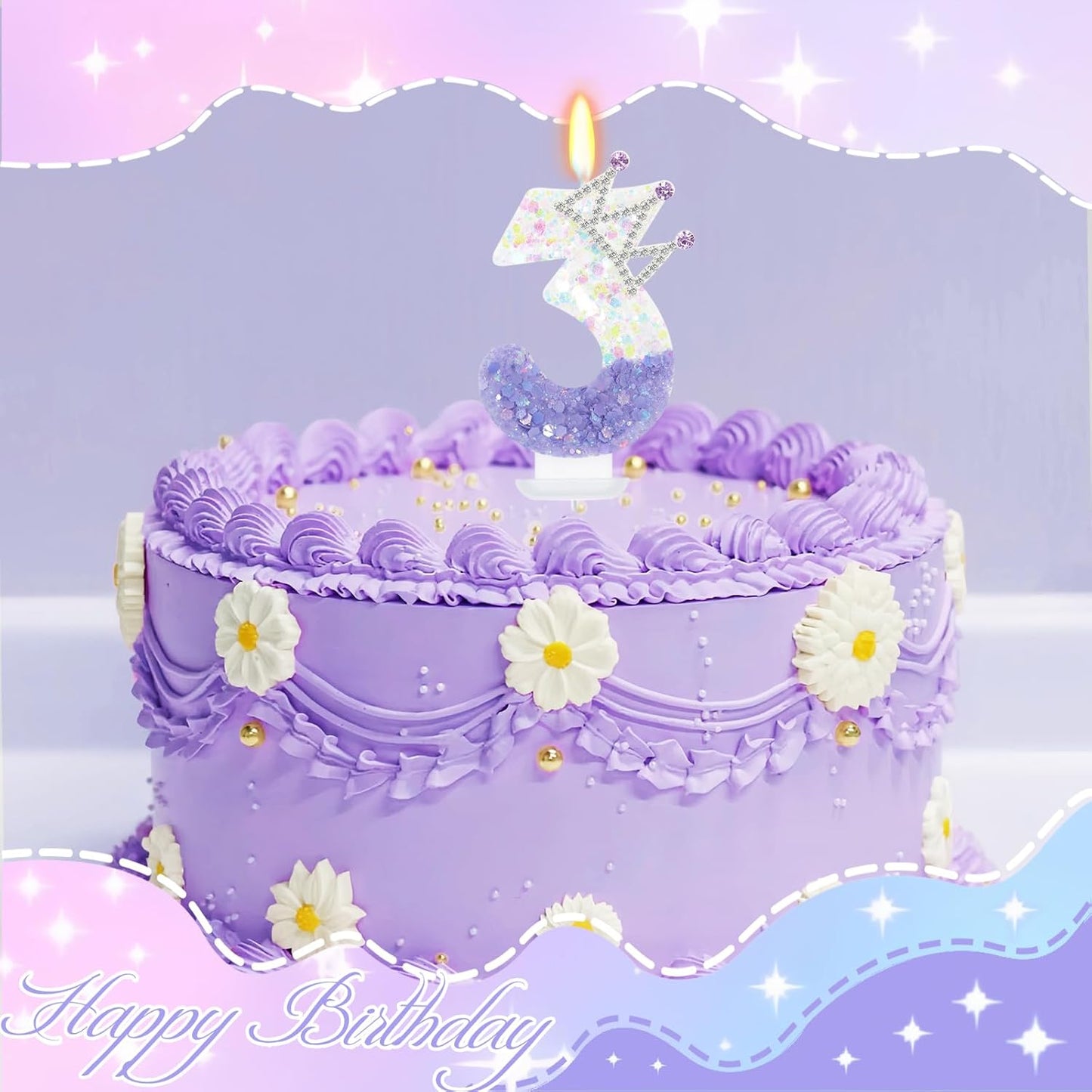 Purple White Number 3 Candle, Glitter Crown Cake Topper, Princess Birthday Party Decorations for Girls and Women Anniversary Celebrations Party Favors