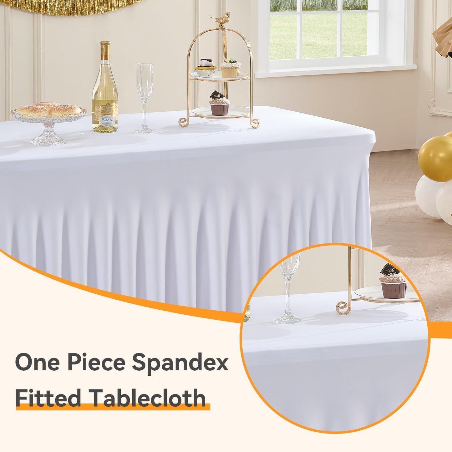 Outpain White Spandex Table Clothes for 6 Foot Rectangle Tables-3Pack 6FT Spandex Fitted Table Cover, Wrinkle Free Tablecloths with Skirt for Parties, Wedding, Birthday, Banquet, Festival