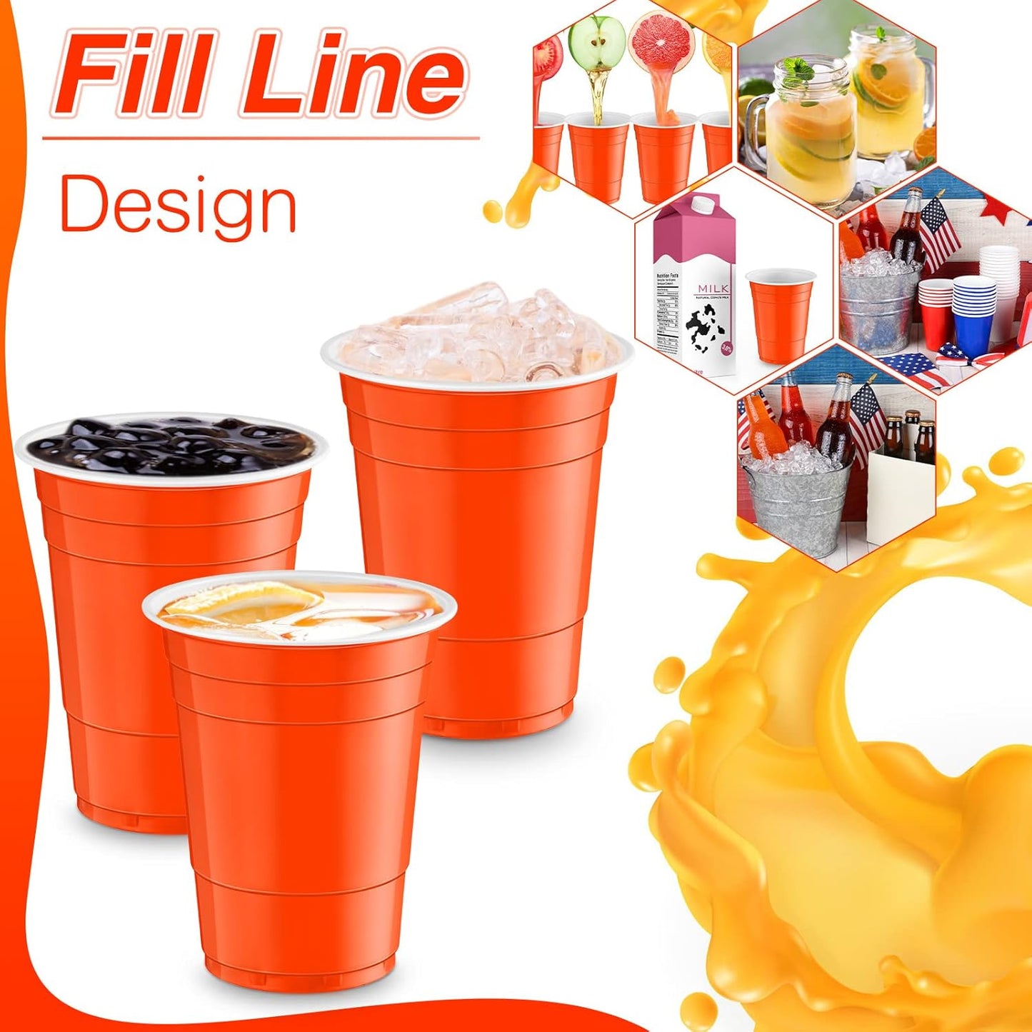 Lounsweer 100 Pack 16 Ounce Christmas Plastic Party Cups Disposable Heavy Duty Drinking Water Cups for Holiday Christmas Festival Wedding New Year Birthday Party Supplies(Orange)