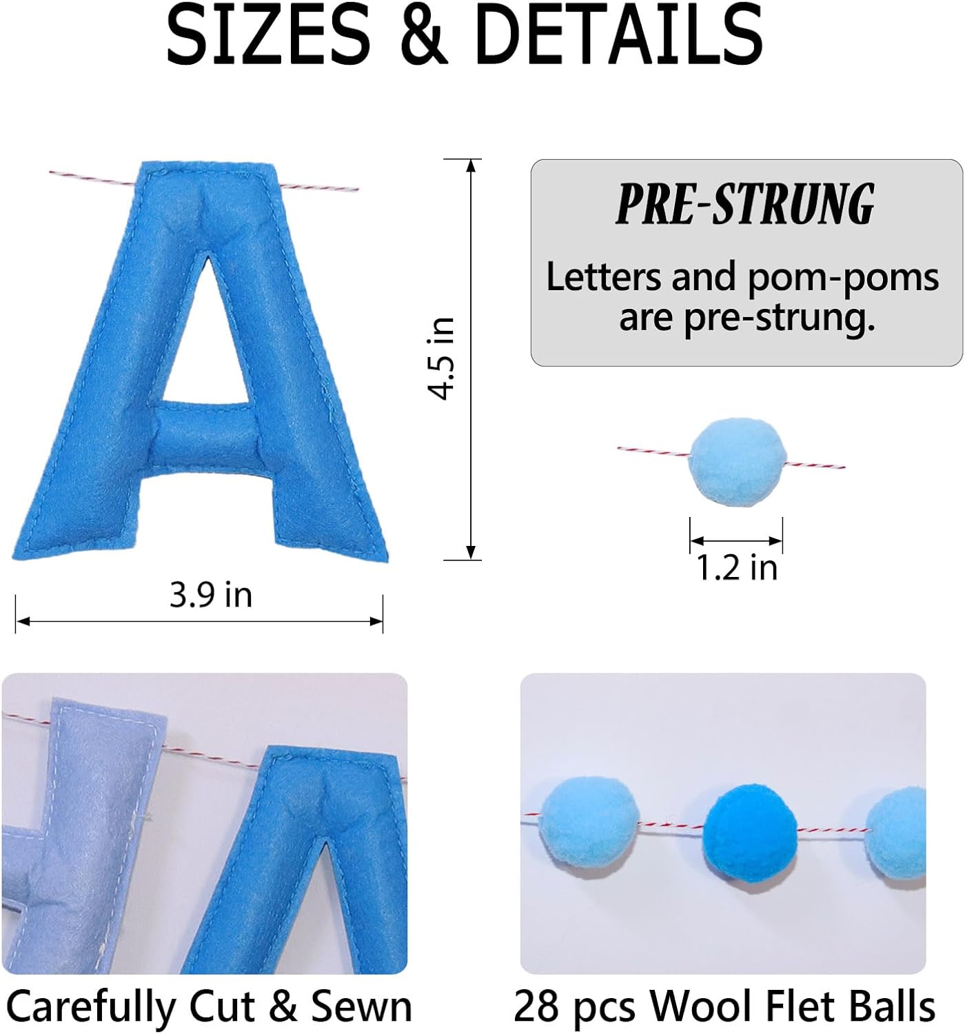 Blue Happy Birthday Banner Felt Ball Garland Pre-Strung Happy Birthday Sign for Party Backdrop Decorations Photo Prop