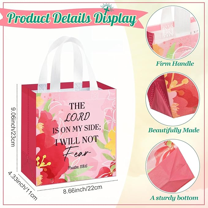 HunnmingRe 32 Pcs Christian Gift Bags Bulk, Easter Reusable Flower Religious Bible Verse Tote with Handles Non Woven Scripture Pastor Blessing Gift for Baptism Church Wedding Favors